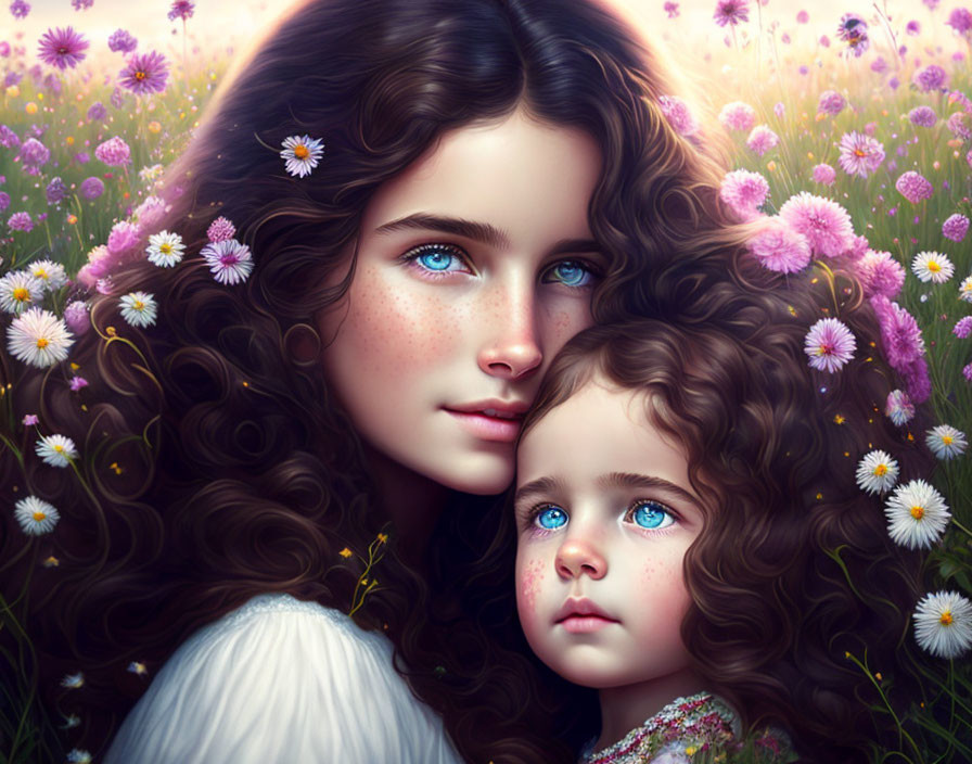 Sisters with blue eyes and curly brown hair in a flower field