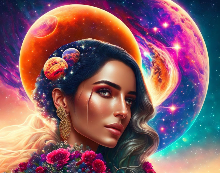 Vibrant cosmic digital portrait with woman and flowers