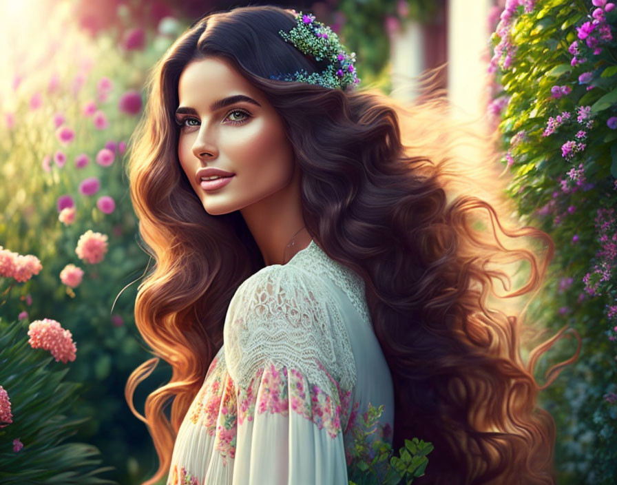 Woman with Long Wavy Hair and Floral Headpiece in Lace Dress Surrounded by Vibrant Flowers