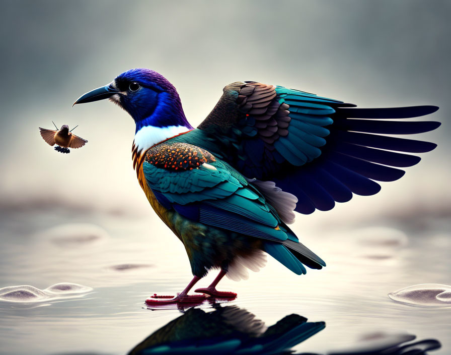 Colorful bird and butterfly in serene nature scene.