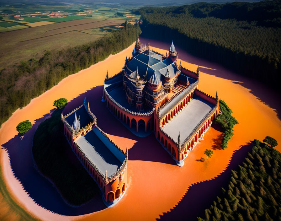 Ornate castle with spires in surreal orange landscape