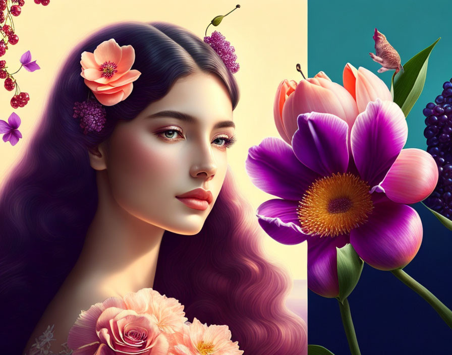 Digital artwork featuring woman with floral hair, vibrant elements, teal background