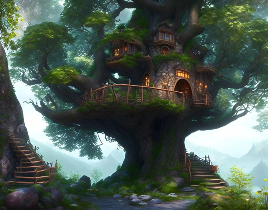 Enchanting treehouse with warm lights in ancient tree forest