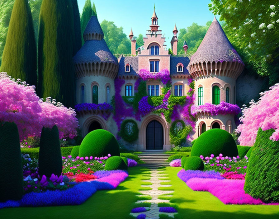 Enchanting fairy tale castle with lush gardens and cobblestone pathway