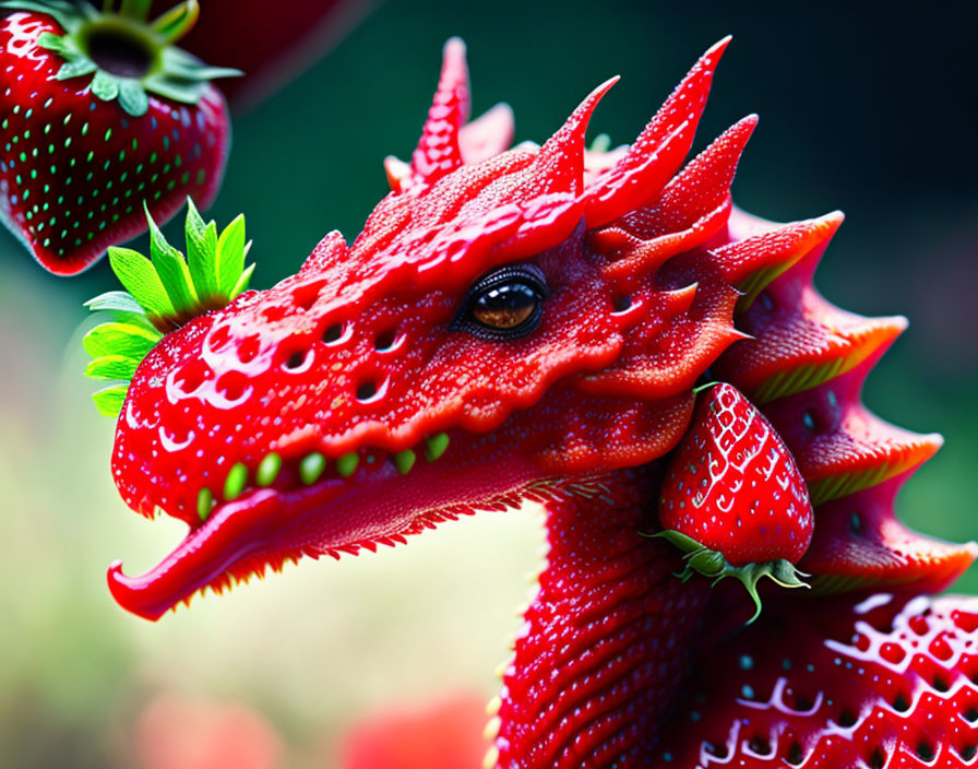 Vibrant red dragon with strawberry skin and fruit on head in green background