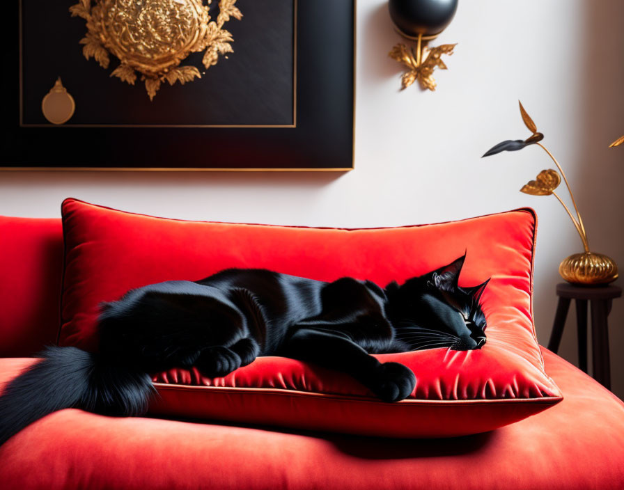 Black Cat Relaxing on Vibrant Red Couch