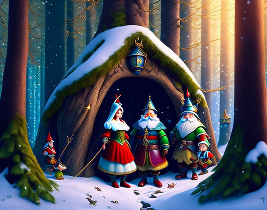 Three fantasy characters in snowy forest near tree house