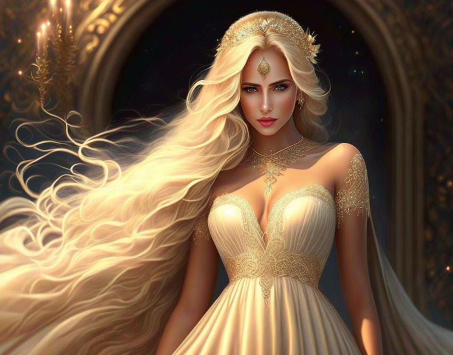 Blonde Woman in Golden Gown with Mystical Background