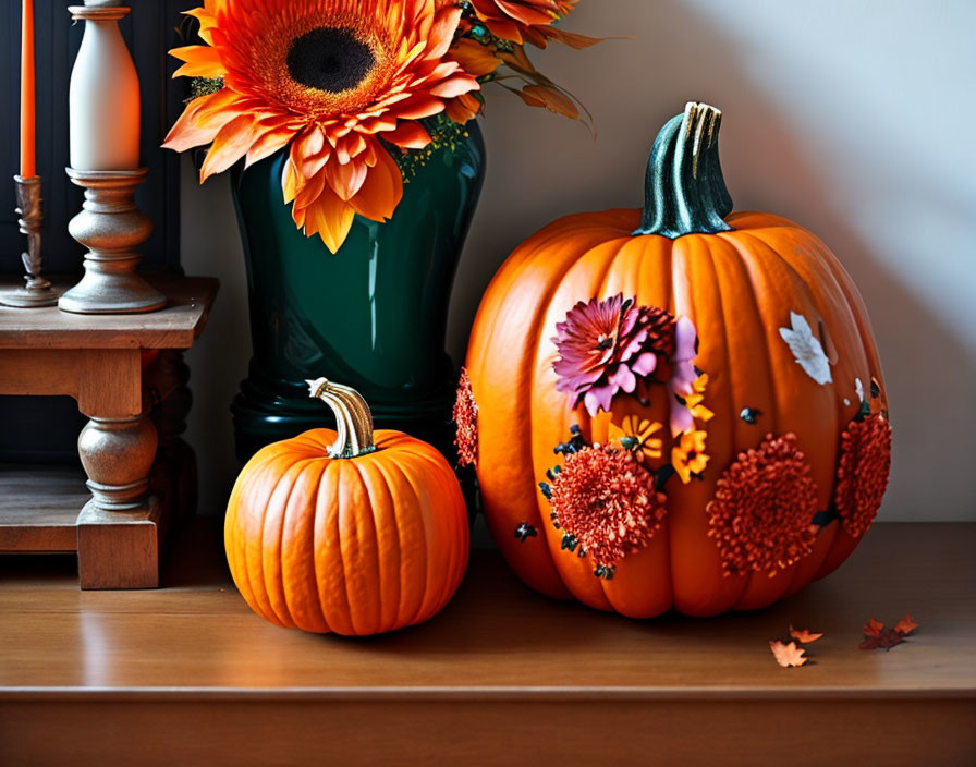 Decorated Pumpkins and Sunflowers on Wooden Surface