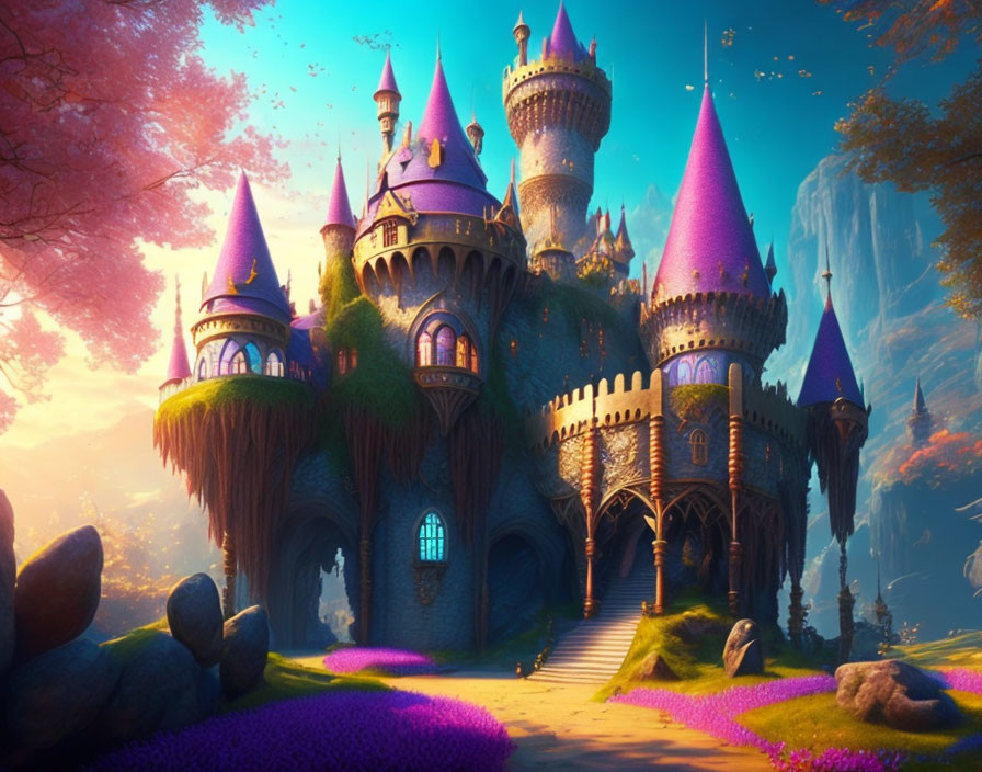 Fantasy castle with purple roofs in lush, colorful landscape