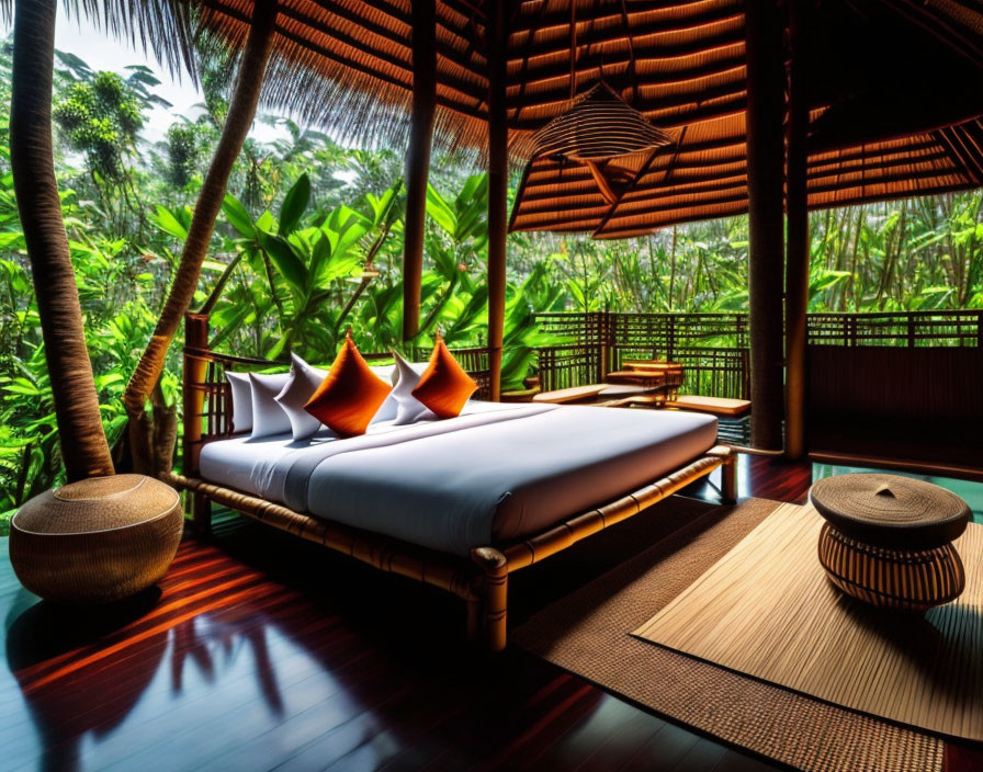 Tranquil Bedroom with Large Bed, White Linens, Orange Pillows & Wooden Interiors