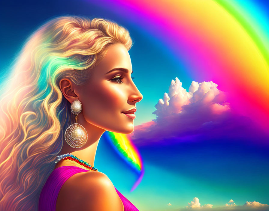 Blonde woman admiring rainbow under fluffy clouds