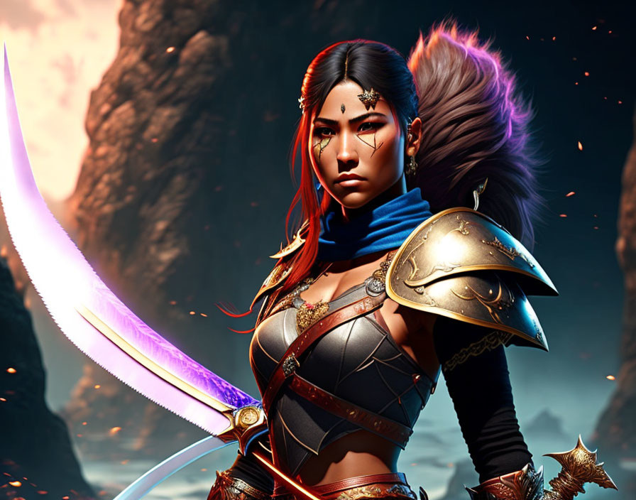 Female warrior with purple glowing sword in battle armor on fiery landscape