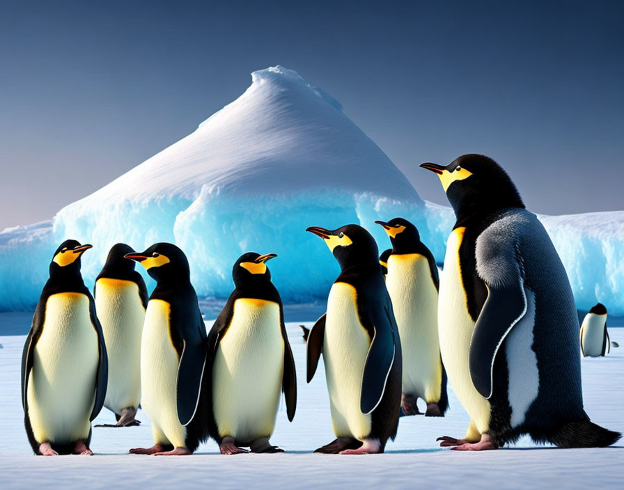 Emperor Penguins on Ice with Icebergs and Blue Sky