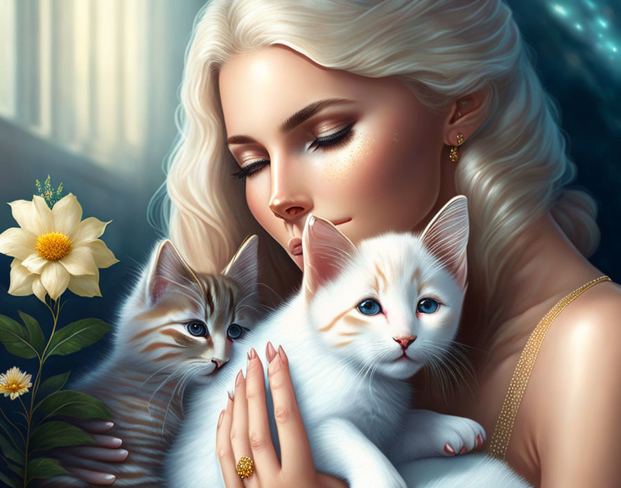 Blonde woman with kittens in white flowers