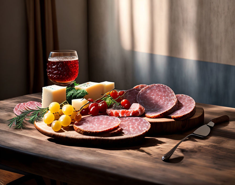 Charcuterie Board with Salami, Cheese, and Wine