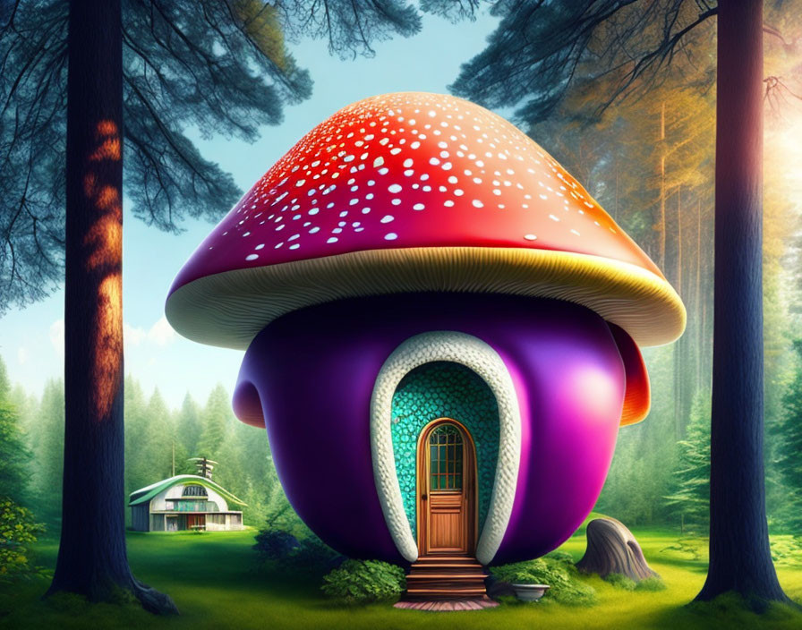 Illustration of Large Mushroom House in Lush Forest