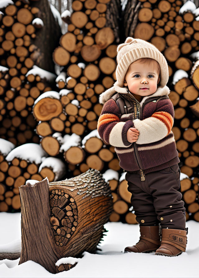 Toddler in warm hat and coat by snowy woodpile and log stool