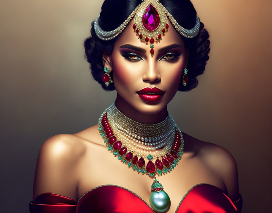 Regal woman with dramatic makeup and luxurious jewelry on warm backdrop