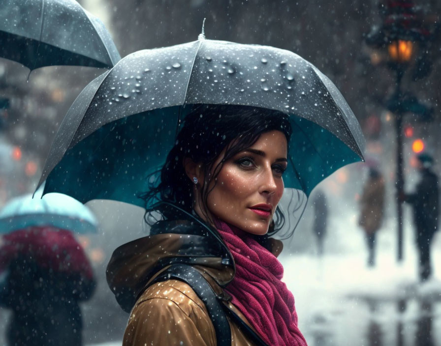 Woman with Black Umbrella in Snowy Street on Rainy Day