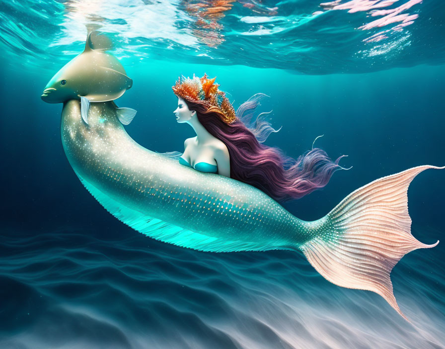 Mermaid riding giant fish in serene ocean