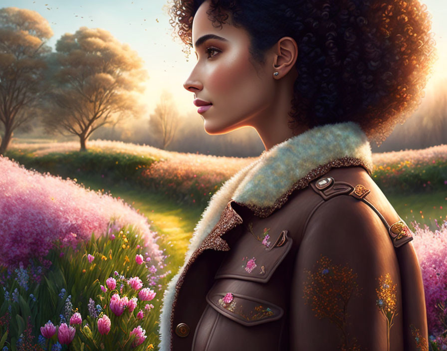 Curly-Haired Woman in Fur-Collared Jacket Contemplating in Vibrant Field Scene