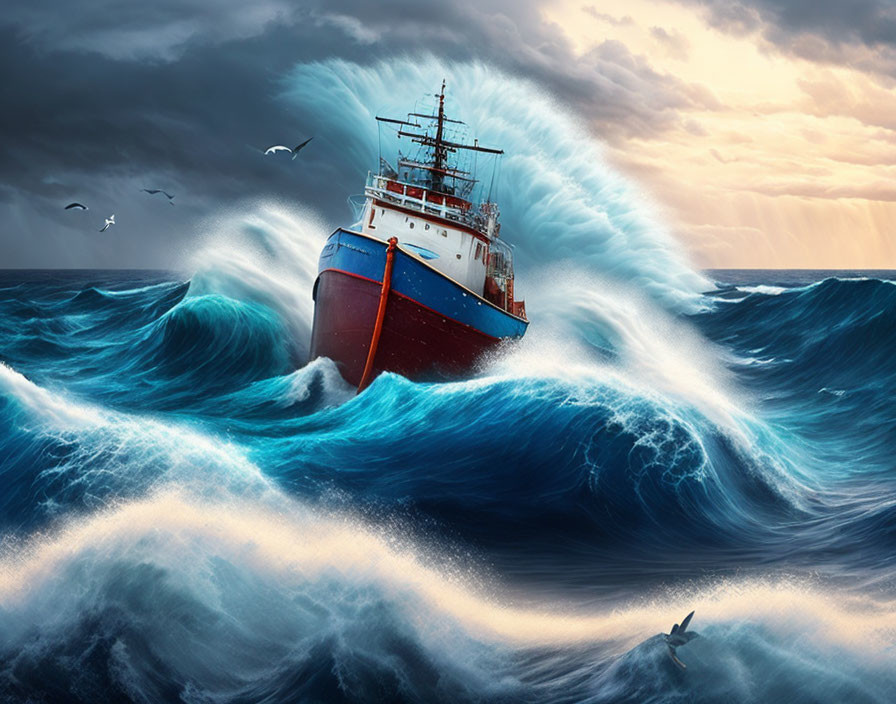 Ship navigating stormy sea with towering waves and dramatic sky.