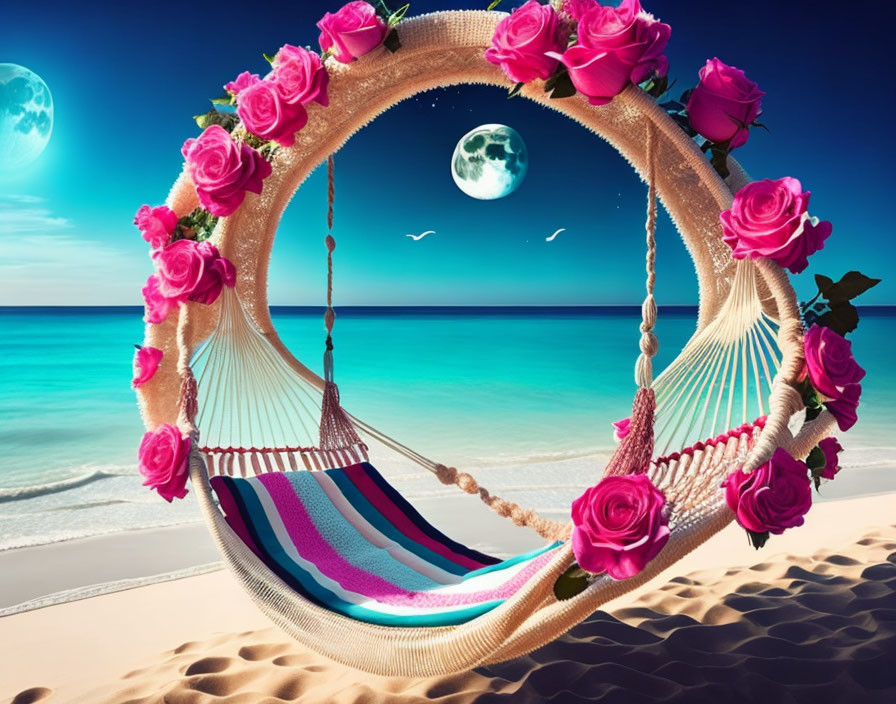 Beach scene with hammock, moons, blue water, white sand