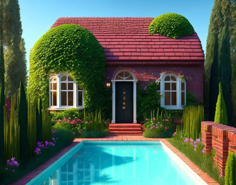 Charming red-brick house with ivy-covered roof and blue swimming pool