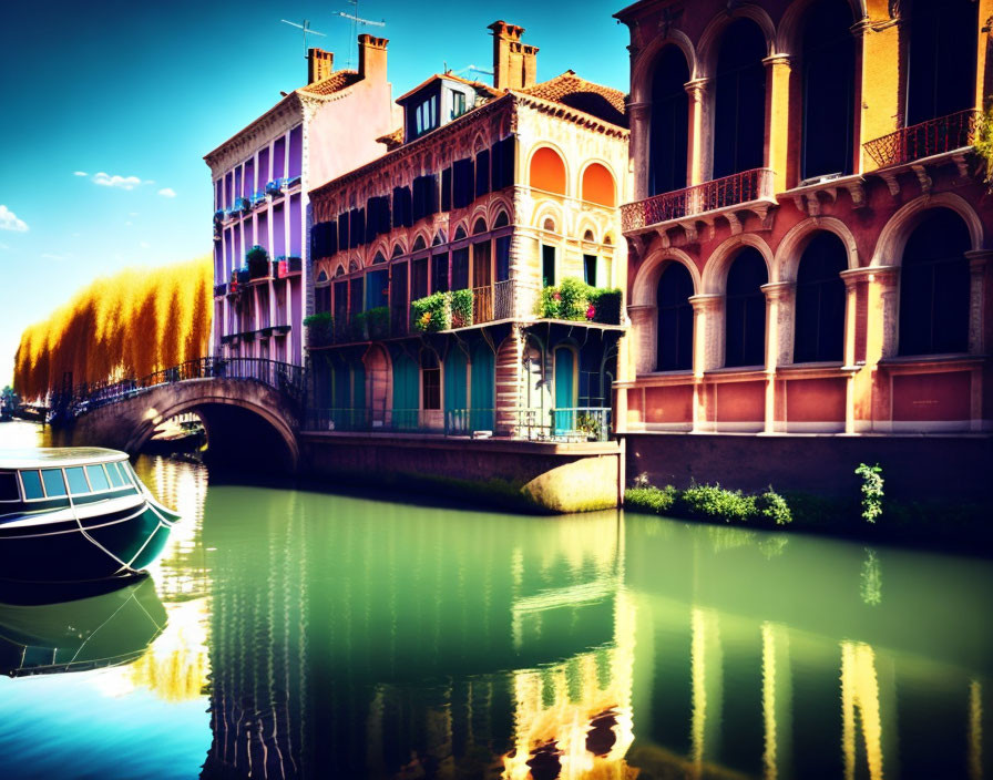 Colorful canal scene with arch bridge and boat reflection.