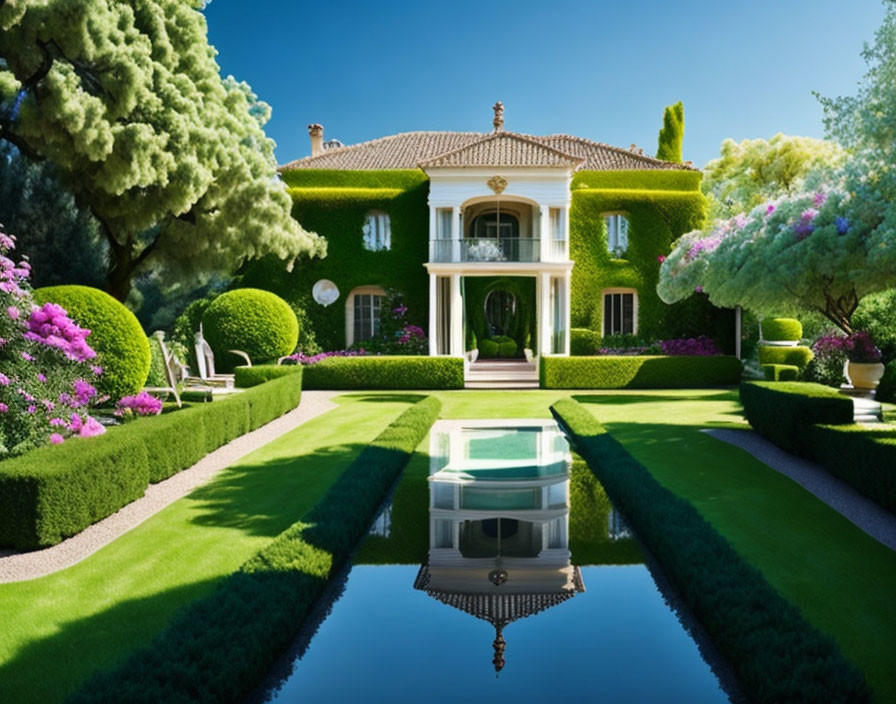 Luxurious mansion with ivy walls, manicured gardens, topiaries, and reflection pool.