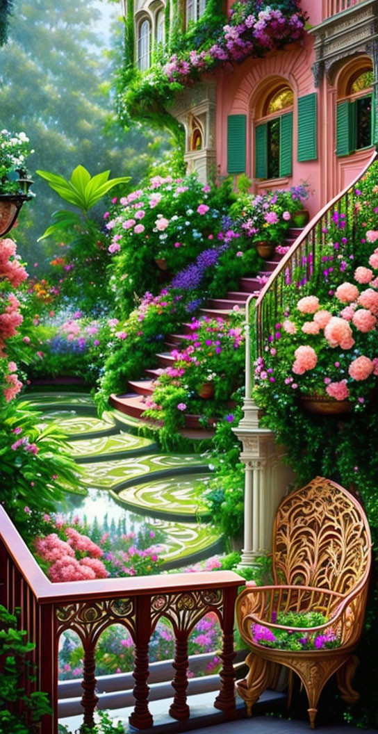 Spiraling Staircase in Lush Garden with Vibrant Flowers and Pink Building