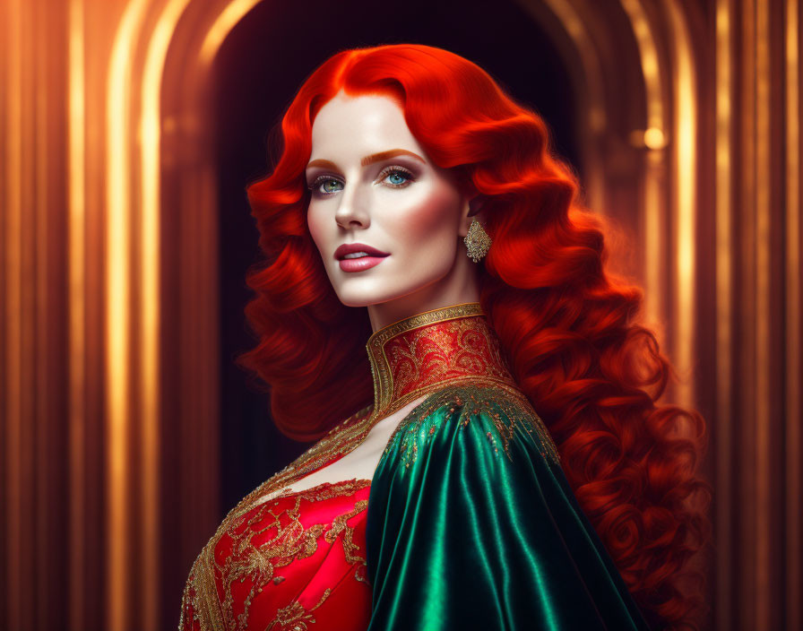 Red-haired woman in red & gold dress with blue eyes & green cloak in golden-lit corridor