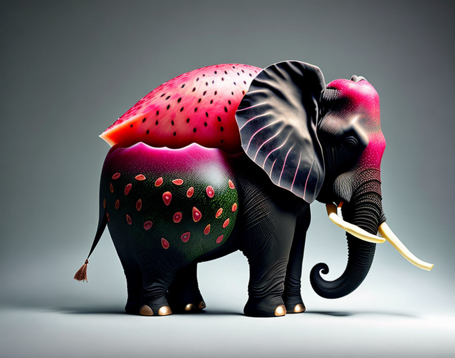 Surreal illustration: Pink and black elephant with polka dots and fruit-like texture