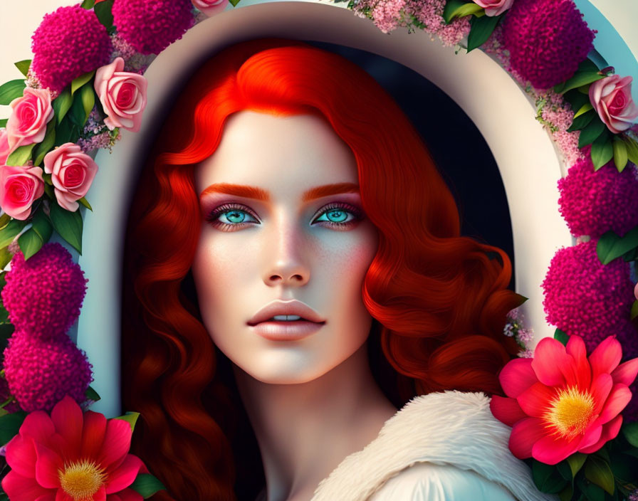 Vibrant red-haired woman with blue eyes surrounded by flowers on dark background