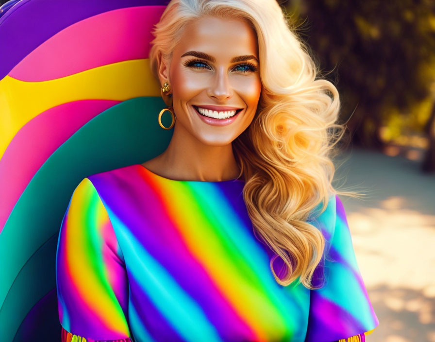 Blonde woman in colorful outfit against rainbow backdrop