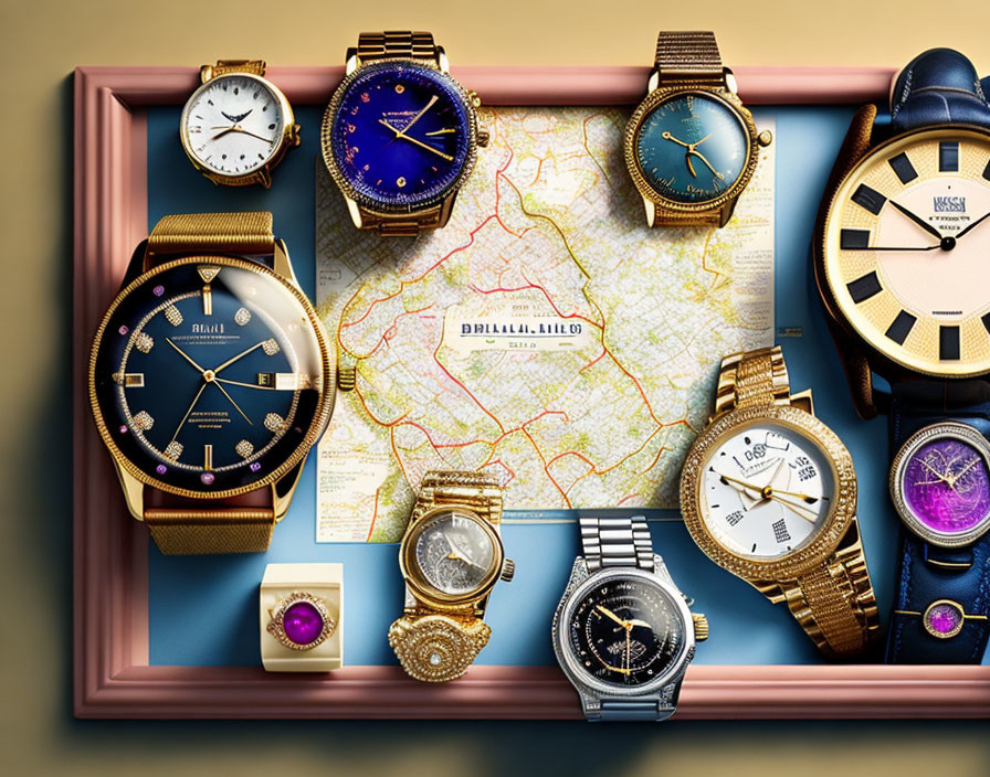 Luxury Watches Collection Displayed with Ring, Cufflinks, and Spectacles on Map