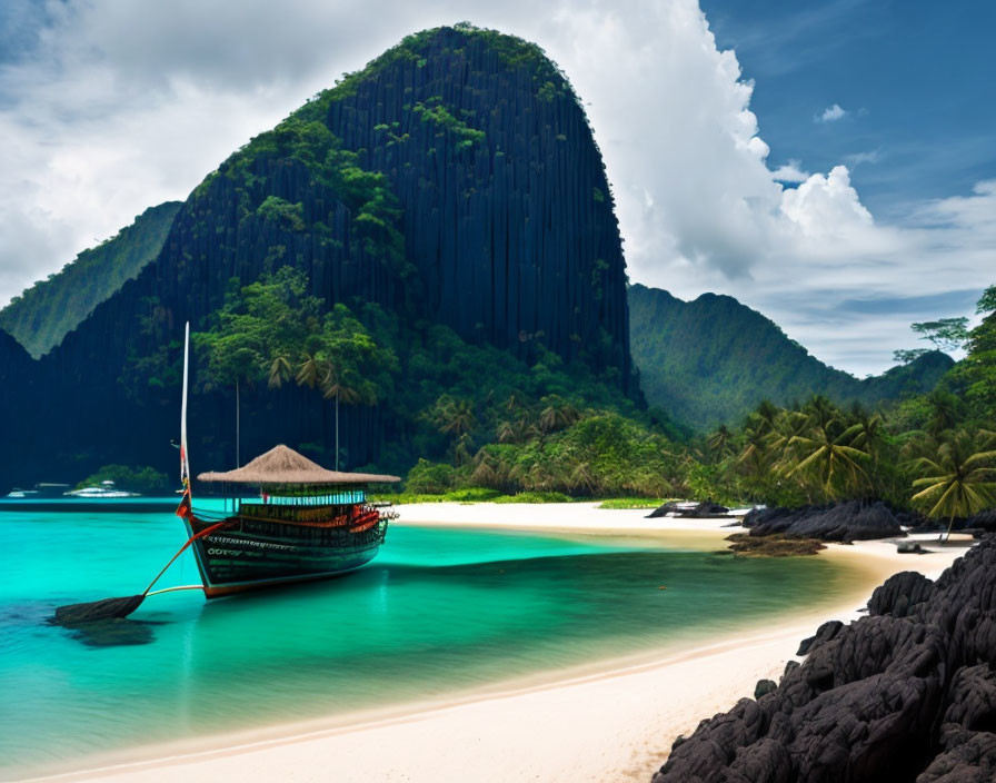 Scenic tropical beach with turquoise waters, traditional boat, lush mountain backdrop.