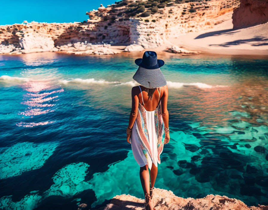 Woman in hat and swimsuit cover-up by clear blue sea and rocky cliffs