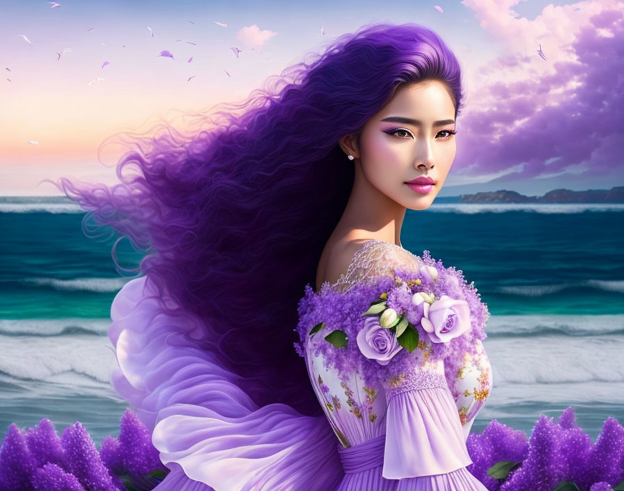 Digital artwork of woman with purple hair in lavender dress holding flowers, set against sea and purple sky.