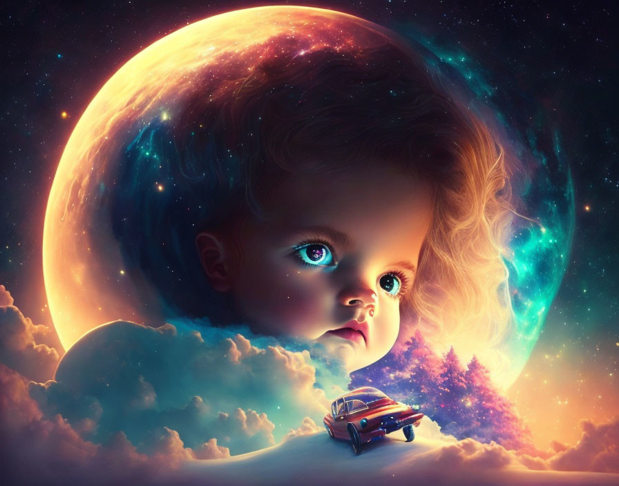 Child portrait with sparkling eyes and cosmic backdrop featuring planet, stars, and floating classic car.