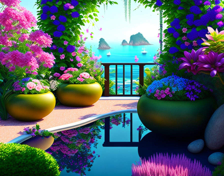 Colorful Garden Overlooking Tranquil Ocean with Rocky Islands