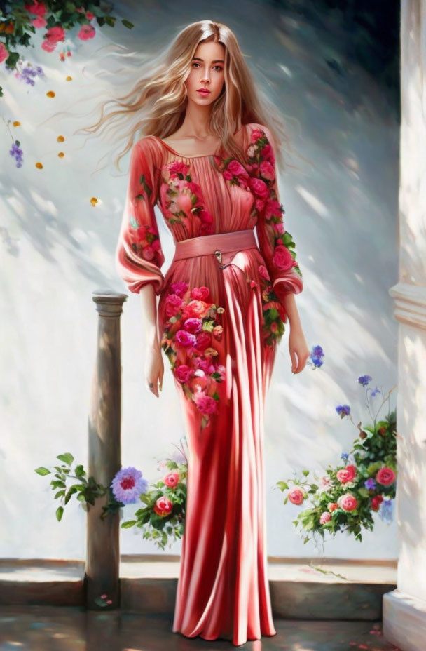 Woman in Floral Dress Poses by Column in Serene Setting