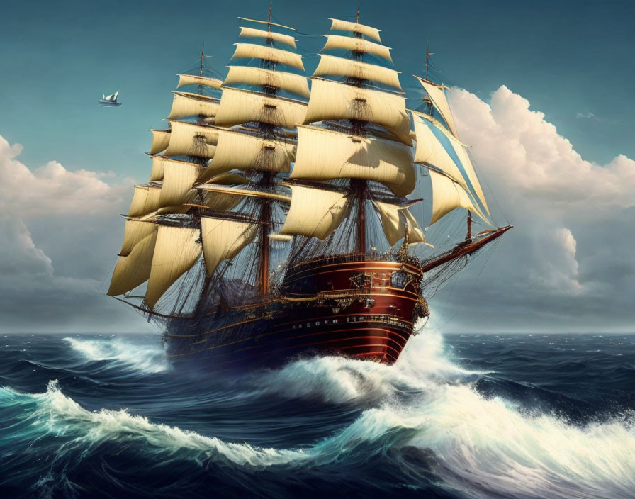 Sailing ship with full sails on turbulent ocean under dramatic sky