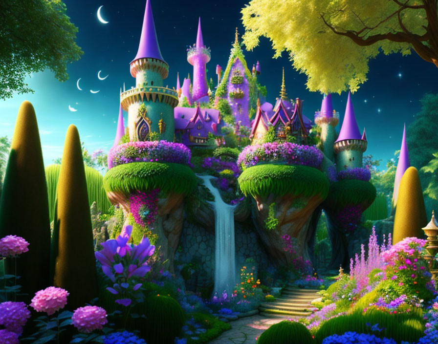 Majestic castle in lush landscape with waterfalls and crescent moon