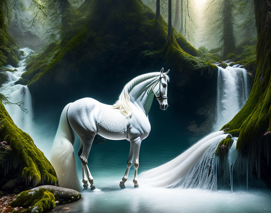 White Horse by Forest Waterfall Surrounded by Moss-Covered Trees