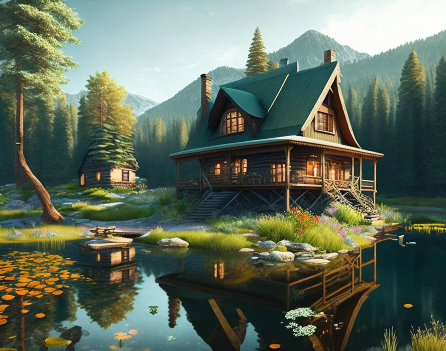 Scenic two-story cabin on stilts by tranquil lake