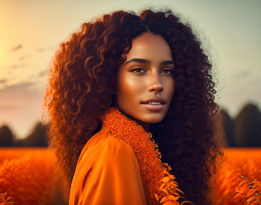 Woman with curly hair in orange dress in field at sunset