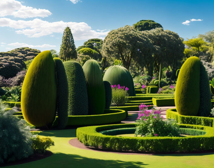 Manicured garden with topiaries, flower beds, and green hedges