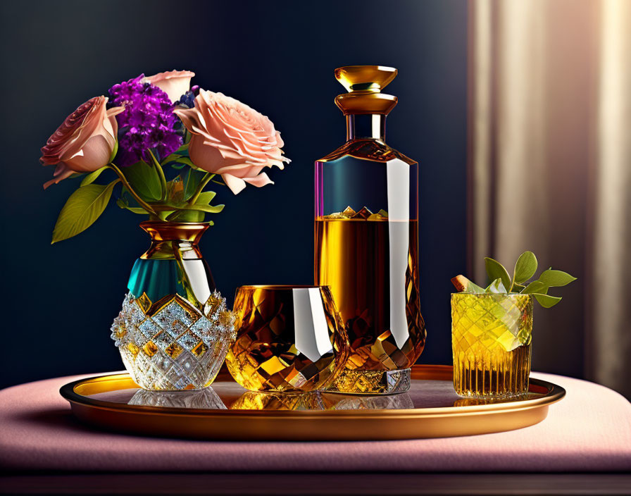 Elegant liquor set with decanter, glasses, vase, purple flowers, dark background.